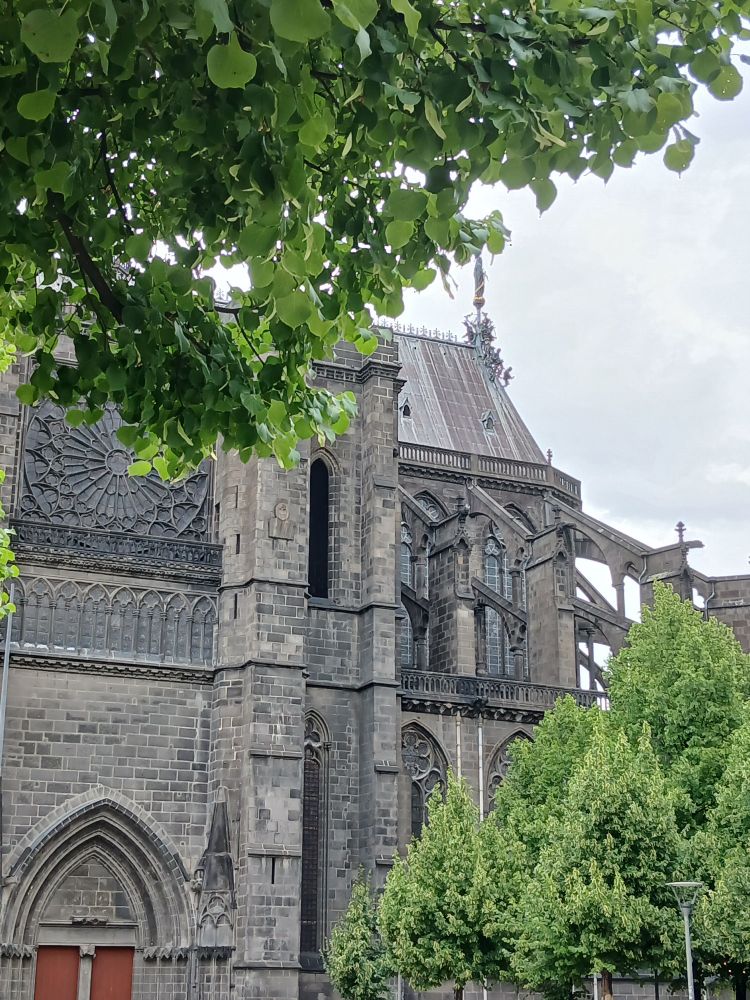La cathédrale de pierres noires vue de loin et de côté, dont on aperçoit les arches et la statue de la Vierge perchée sur le toit.