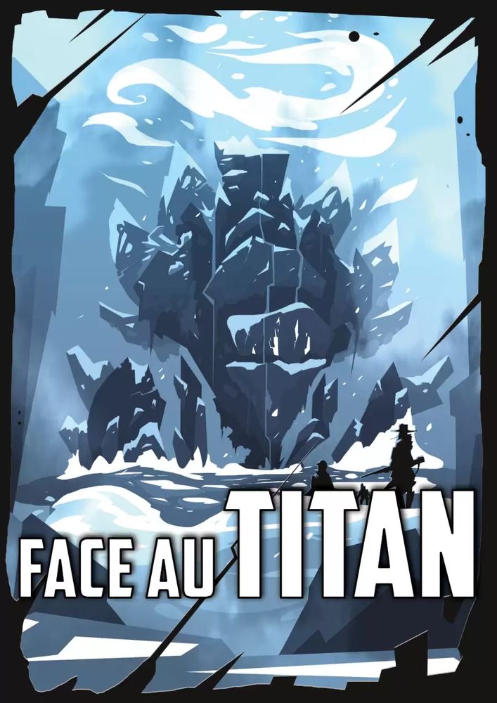 Couverture de Face au Titan, où l'on voit une silhouette faisant face à une créature de pierre géante couverte de neige dans un décor de glace.