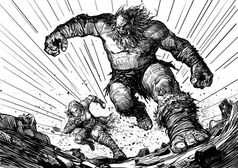 Ink illustration of a female adventurer running away from an angry troll.