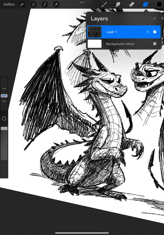 Screenshot. Work in progress. Sketch of a cartoon baby-dragon with suspicious facial expression.