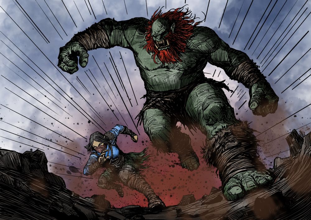 Illustration of a female adventurer running away from a gargantuan troll.