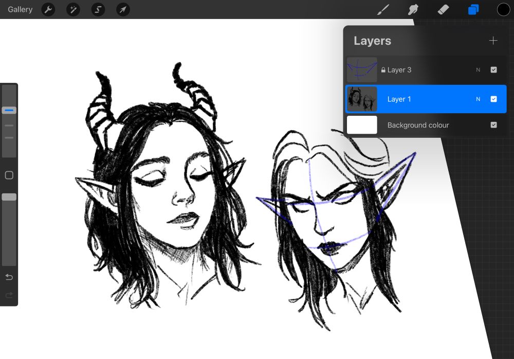Work in progress. Screenshot of a Procreate app, showing a sketch of a female tiefling facial expression study.