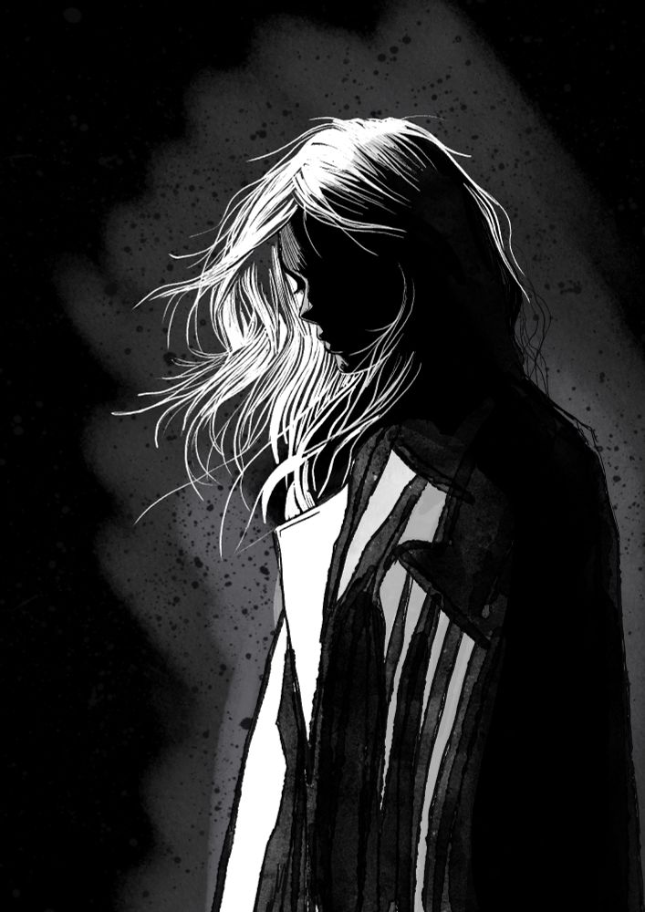 Black and white, strong contrast, ink and watercolor illustration of a blonde woman standing under a light. She is wearing coat and seems sad and tired.