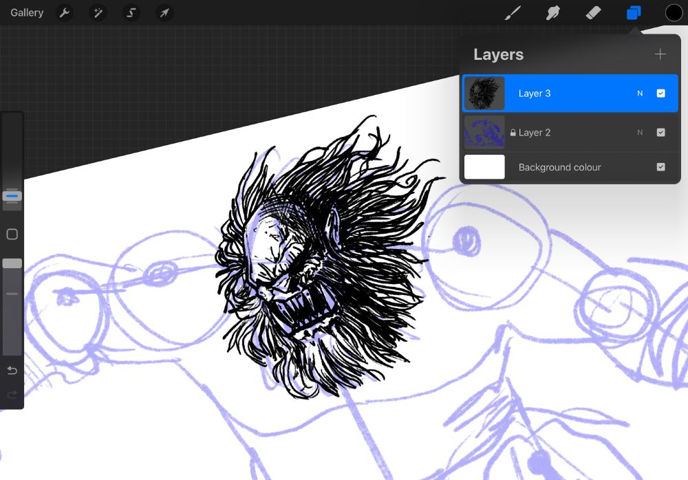Screenshot. Work in progress. Digital art. Ink illustration. Blue line sketch of a fierce, evil giant, head inked. He has large teeth, long, messy hair, and is roaring at something outside of the frame.
