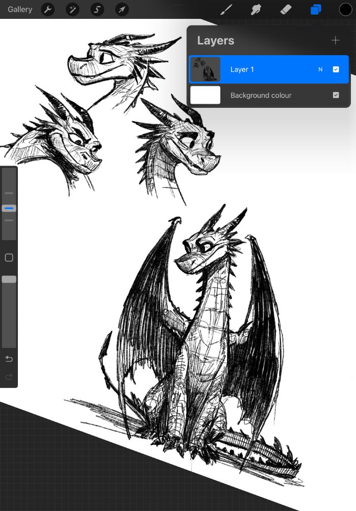 Screenshot. Work in progress. Sketch of a cartoon baby-dragon with various facial expressions. Three sketches of a head are finished, there is a full character shown below them sitting in a cat-like pose, lookig to the side.
