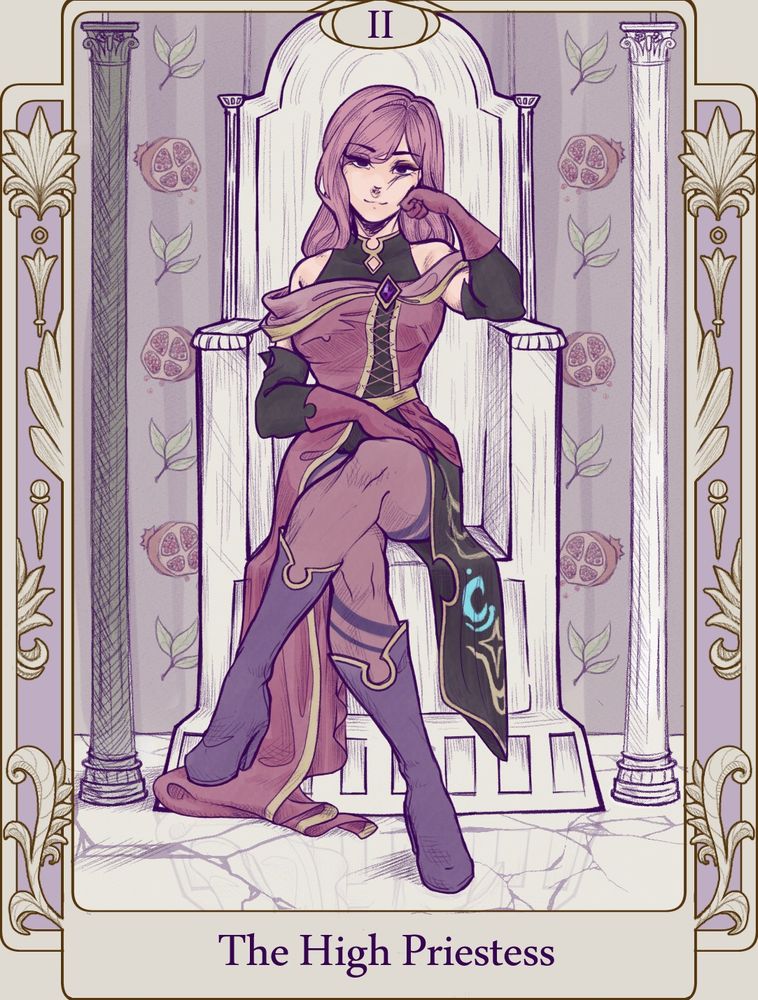 A tarot card illustration featuring a mage woman dresses all in pink and black, posed as the 2 card, The High Priestess