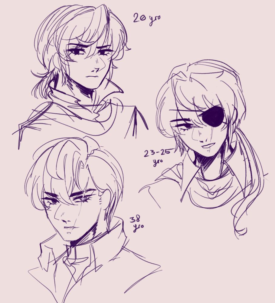 Three bust sketches of the same moody character. Top left is him at twenty years old, fluffy purple hair tied back into a short tail. Middle left at age 23-25, he now wears an eyepatch on his left eye, a protruding scar running from his eyebrow down to his lip; his ponytail has grown long and falls over his shoulder. Bottom left, his hair has been cropped short with only a fringe on the right, his face structure has matured, and the eyepatch is gone, leaving his scarred eye exposed.