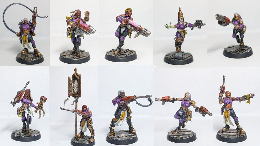 Ten Escher models that have been kitbashed with Sisters of Battle parts. They're painted mostly purple, with yellow and dirty white as spot colours, gold armour and red/silver weapons.