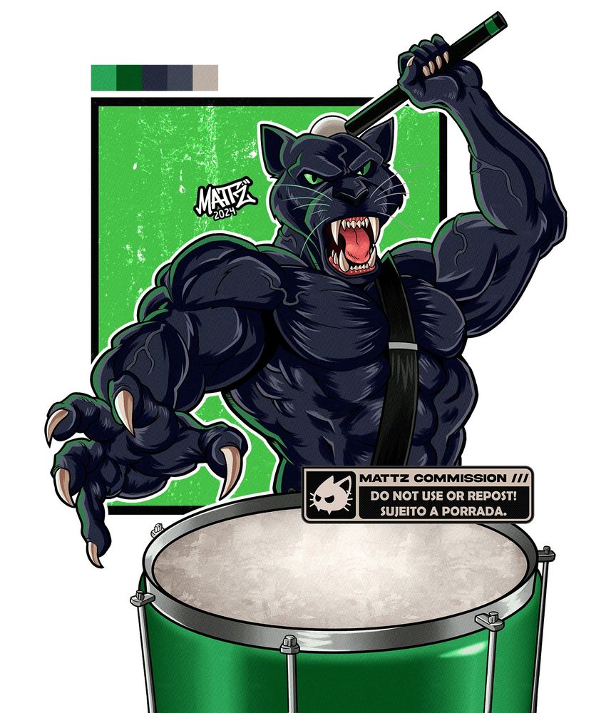 Ilustração de Mattz de uma pantera humanoide de pelos pretos, olhos verdes, musculatura definida e veias saltando por várias partes do corpo. A personagem está tocando um surdo de marcação com a boca bem aberta, como se estivesse rugindo ou gritando, aonde é possível ver seus longos e afiados caninos. Ao fundo, um quadrado da cor verde com contorno preto, a paleta de cores usada na ilustração no canto superior esquerdo e a marca d'água do artista por cima da ilustração, na altura do instrumento. A assinatura do artista se encontra perto do ombro no lado esquerdo da personagem.