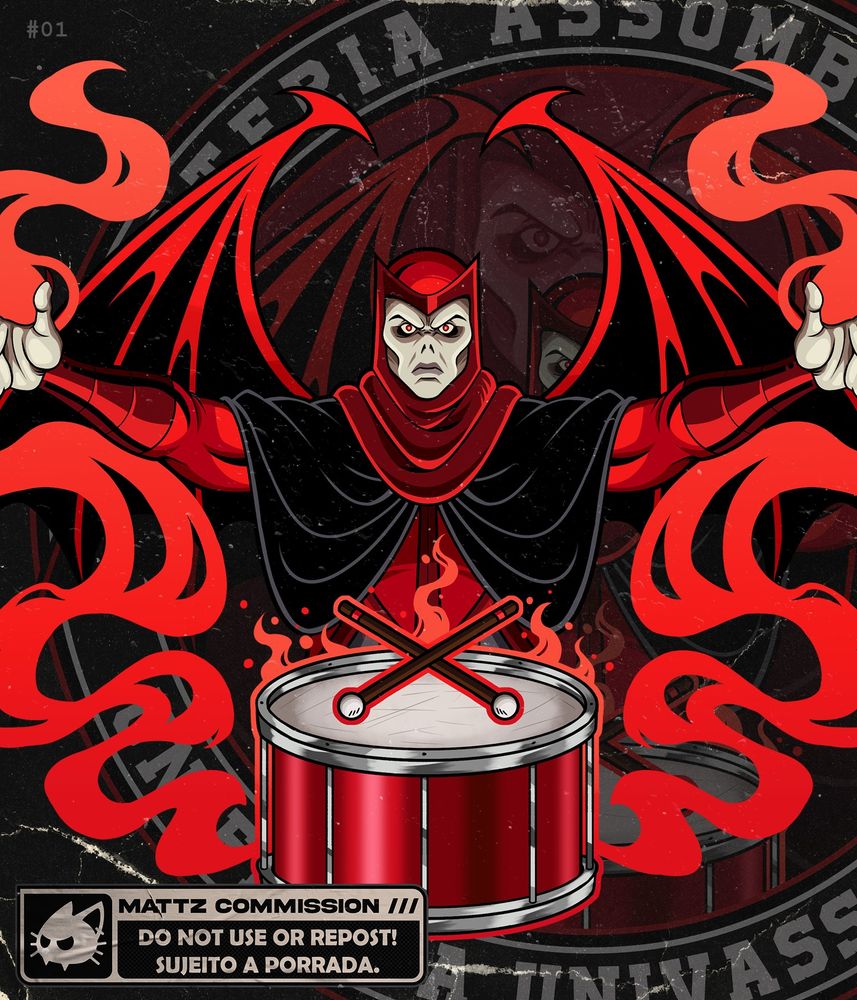 Desenho adaptado do Vingador, antagonista do desenho "Caverna do Dragão", da cintura pra cima, com os braços e asas abertas, invocando um tambor vermelho com uma magia rubra. Ao fundo é possível ver com certa opacidade aplicada uma das variações de logo da Bateria Unificada de Univassouras. A minha marca d'água se encontra no canto inferior esquerdo da ilustração.