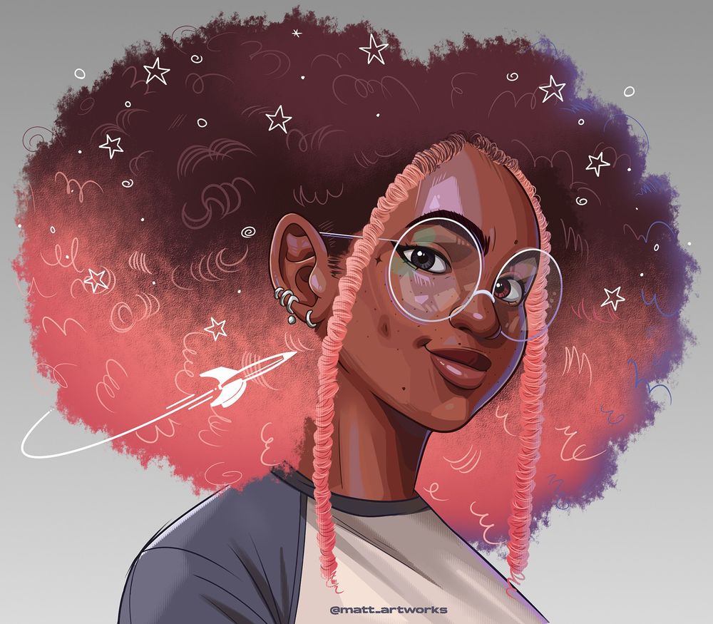Ilustração da Becca, personagem original de @matt_artworks. Ela é uma jovem menina negra, com heterocromia, volumosos e encaracolados cabelos castanhos com degradê para rosa salmão, brincos na orelha direita e óculos brancos. É possível observar um foguete e estrelas, ilustradas de forma cartunesca ao redor de seu cabelo. A ilustração está em corte de busto, então apenas vemos seu rosto e parte de seus ombros. Becca está sorrindo, olhando para frente com um ar sonhador e esperançoso.