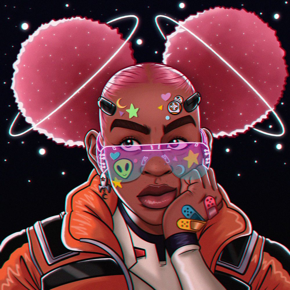 Ilustração de 2021 da Becca, personagem original de @matt_artworks. Ela é uma jovem menina negra, com expressivos olhos com heterocromia, sardas no rosto, nariz largo, lábios grossos e cabelos crespos da cor rosa, presos como dois afro pufes. Em seu rosto, que está apoiado na sua mão esquerda, Becca possui colados diversos adesivos coloridos com a temática espacial, um óculos estilizado em neon de lentes nas cores lilás e azul e um piercing no seu nariz. A personagem veste uma jaqueta laranja aberta com detalhes pretos e brancos, e por baixo, seu traje espacial branco com detalhes roxo e vermelho. Em sua mão estão colados 3 bandeides; rosa, azul e amarelo. Ela também usa na orelha direita um brinco em formato de foguete com pingente em formato de lua crescente. Há duas presilhas pretas em estilo futurista nas suas têmporas. Ao redor de seus afro pufes, existem órbitas e pontos brilhantes, que simulam anéis de planetas e pequenas estrelas.