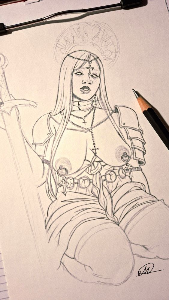 Sketch inacabado inspirado na dominatrix Willow Neptune, uma mulher de cabelos longos, ajoelhada de frente, com os seios à mostra mas vestindo partes de uma armadura nos ombros, pescoço e tórax, além de um pano amarrado como saia na cintura, cobrindo a parte inferior do corpo. A mulher está se apoiando numa espada e há crufixios pendurados ao redor de seu corpo.