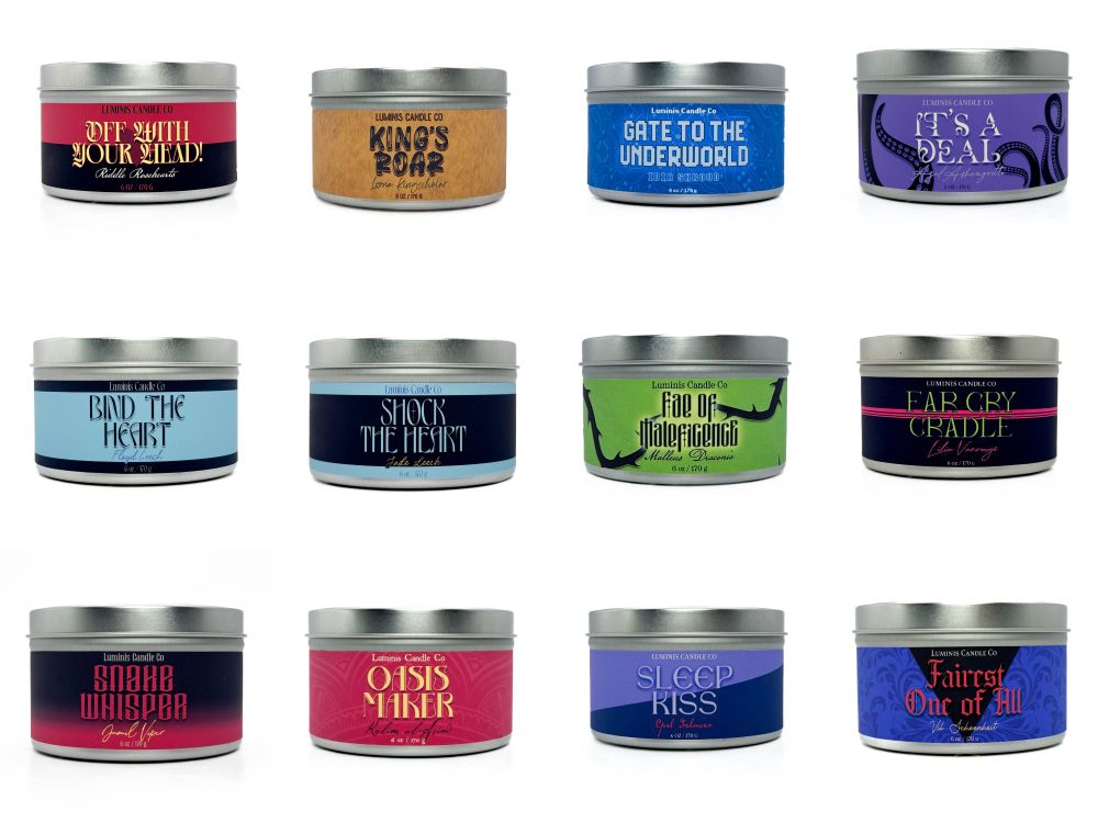 Twelve candles in silver tins on a white background. The labels have various designs in varied colors. Each candle is themed on a different Twisted Wonderland character.

From top to bottom and left to right, the candle names are: Off With Your Head!, King's Roar, Gate to the Underworld, It's a Deal, Bind the Heart, Shock the Heart, Fae of Maleficence, Far Cry Cradle, Snake Whisper, Oasis Maker, Sleep Kiss, and Fairest One of All.