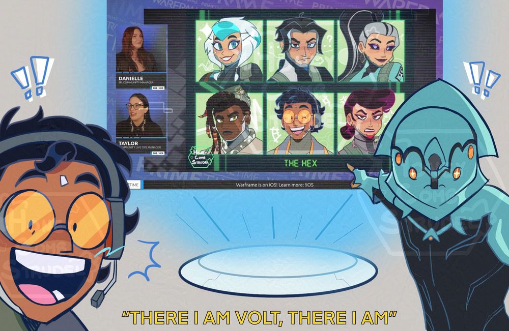 The piece features Amir and Volt, the electric team/duo pointing at a screenshot of the artist's work featured on a Devstream.