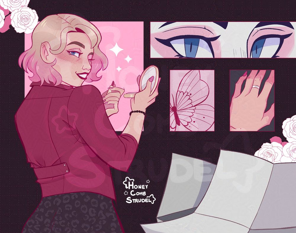 An art piece depicting Maria, a woman from the video game series, “Silent Hill”. Her back is towards the viewer, her head turned to look at us. In one hand she has a stick of lipstick, the other has a makeup mirror held up. To her right are boxes that show different aspects of her character: her eyes, her butterfly tattoo and her hand with a ring on the middle finger. In the bottom left corner is an envelope and blank letter.