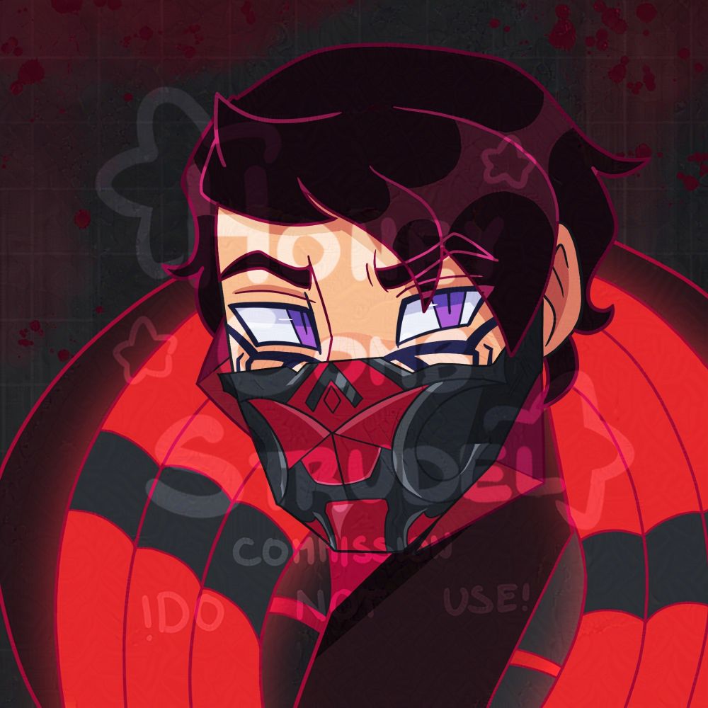 This piece depicts another Drifter character from Warframe 1999 in a stylized, cartoon style. This Drifter has short hair, with his bangs swept off to the side. He has purple eyes and tattoos under his eyes. The lower  half os his face is covered by a red and black metal mask.