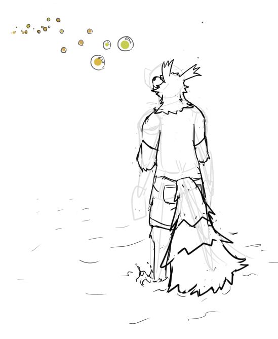 Anthropomorphic Zigzagoon looking at bubbles flying in the distance