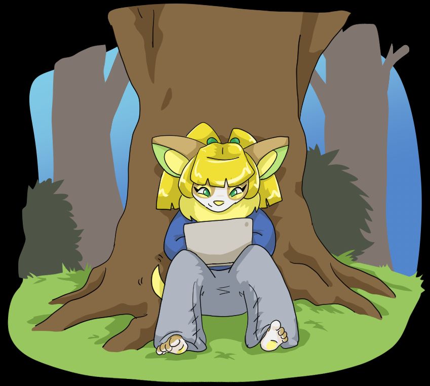 Anthropomorphic Yamper typing on a laptop