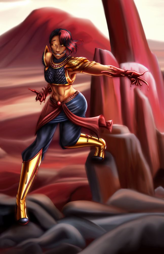 Character design by Kenishra. An athletic woman approaches the camera from a desert bluff, grinning widely. Her cheeks are split open to reveal sharp teeth. Her black hair is in a side shave streaked with red, and her hands are coated in blood that has been shaped into claws. She is dressed in black and red fabrics, with gold armored accents. More blood - none of it hers - drips off bits of the armor.