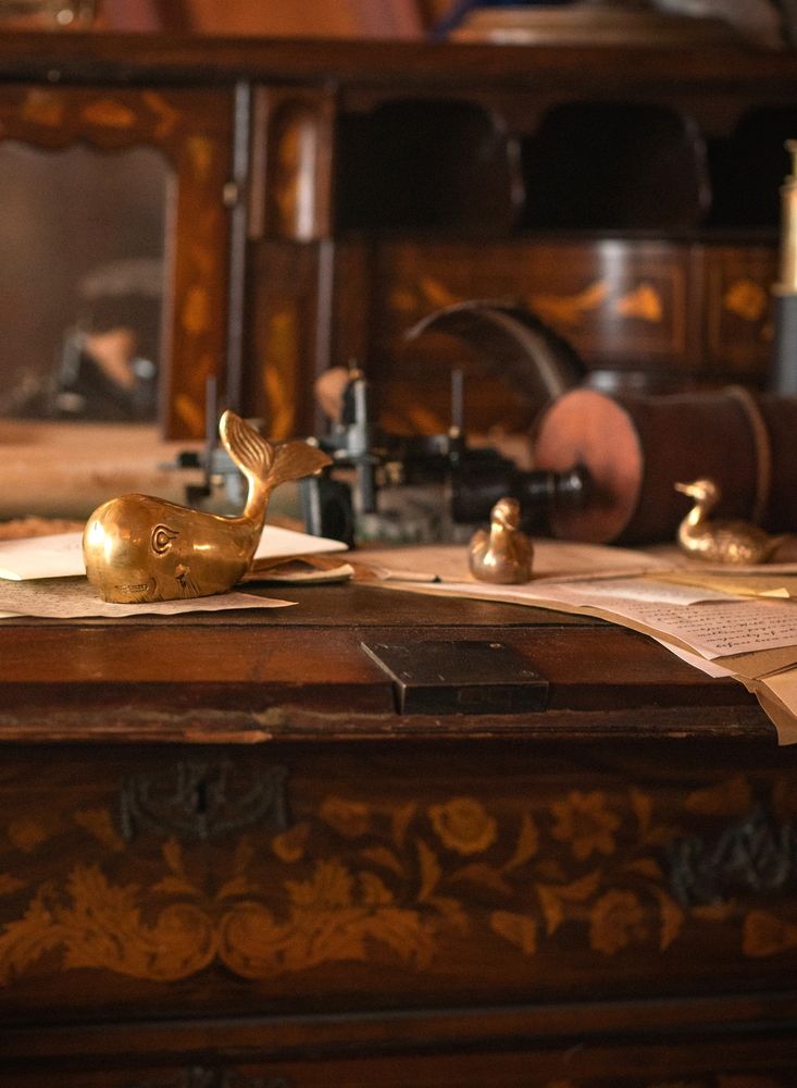 stede's desk and his cutie family of paperweights there's a whale and 2 little ducks 