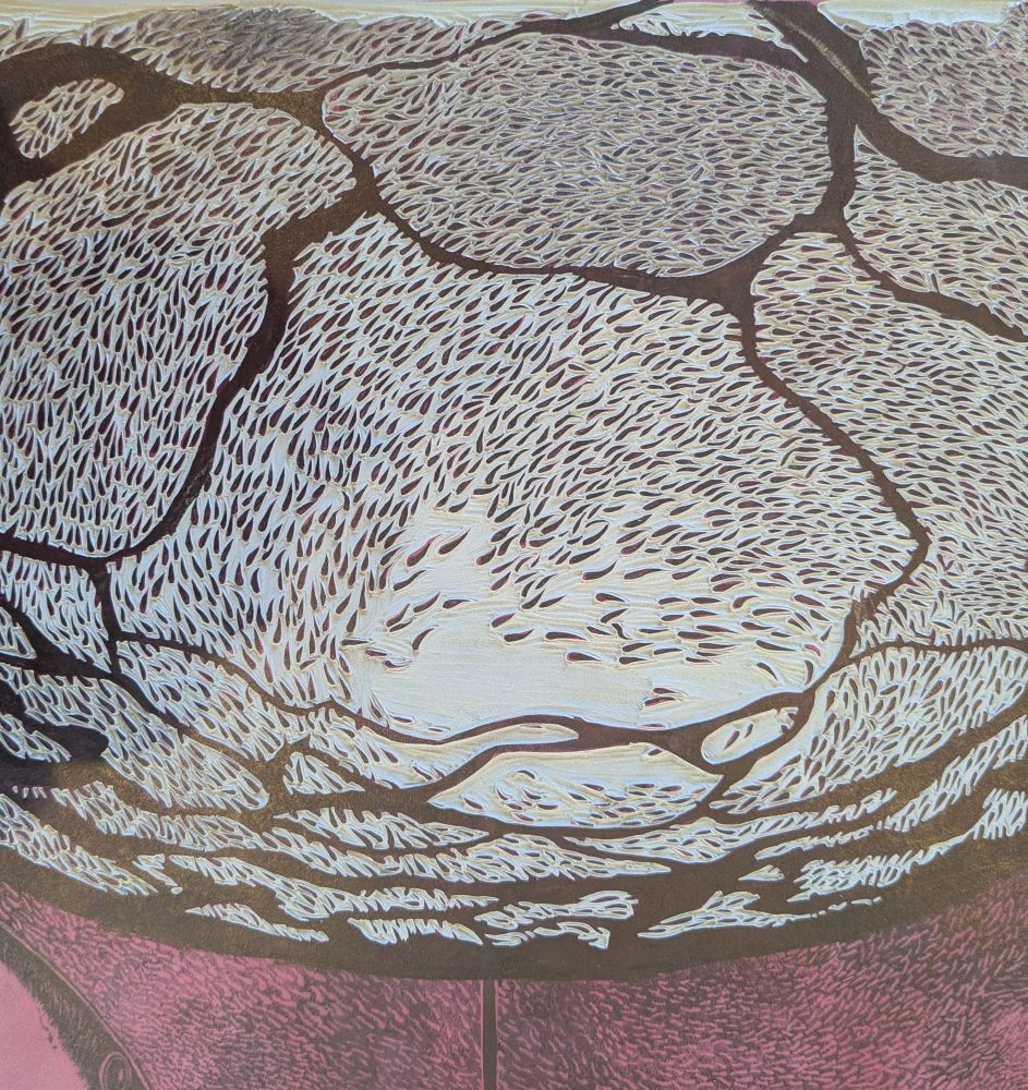 An image of many fish cut out of lino as if looking up at the waters surface.