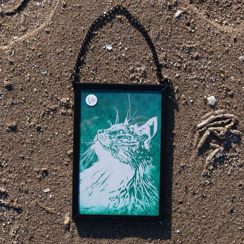 A frame on sand with a picture of a cat