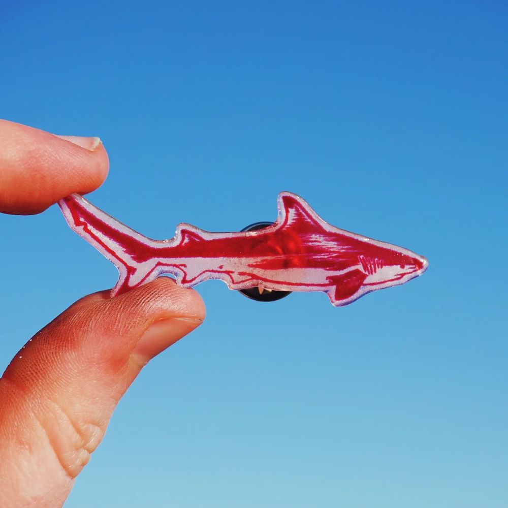Red shark pin held up against a clear blue sky