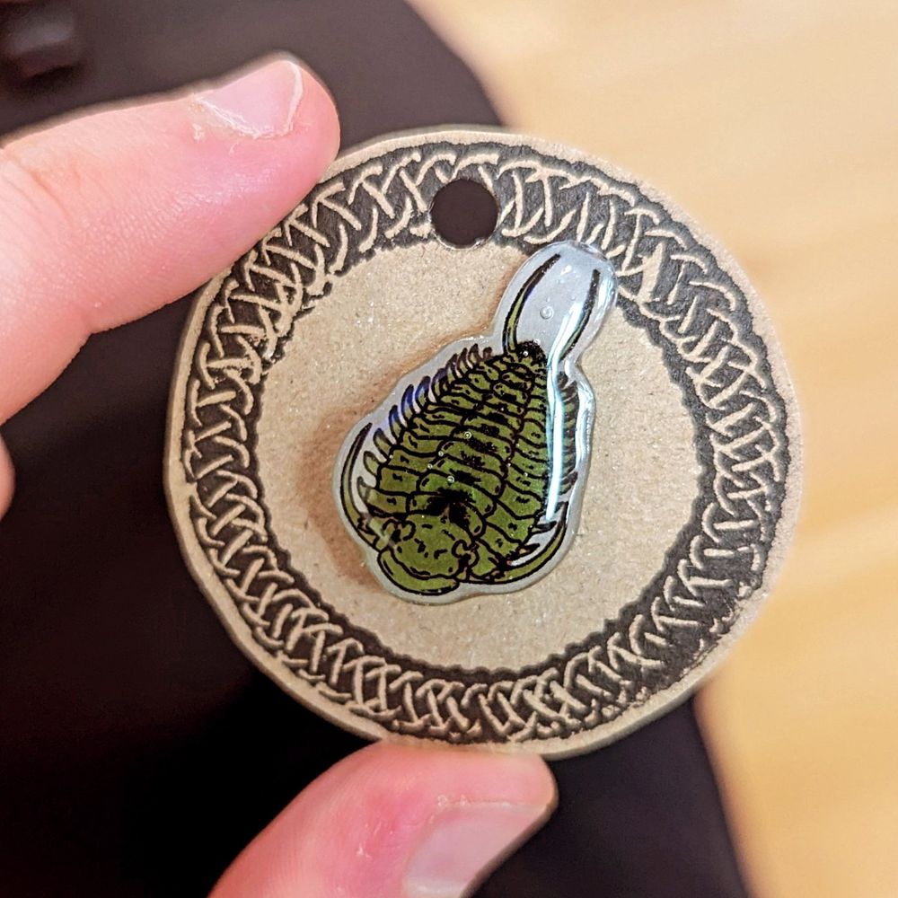 Image of a shiny Trilobite pin in green
