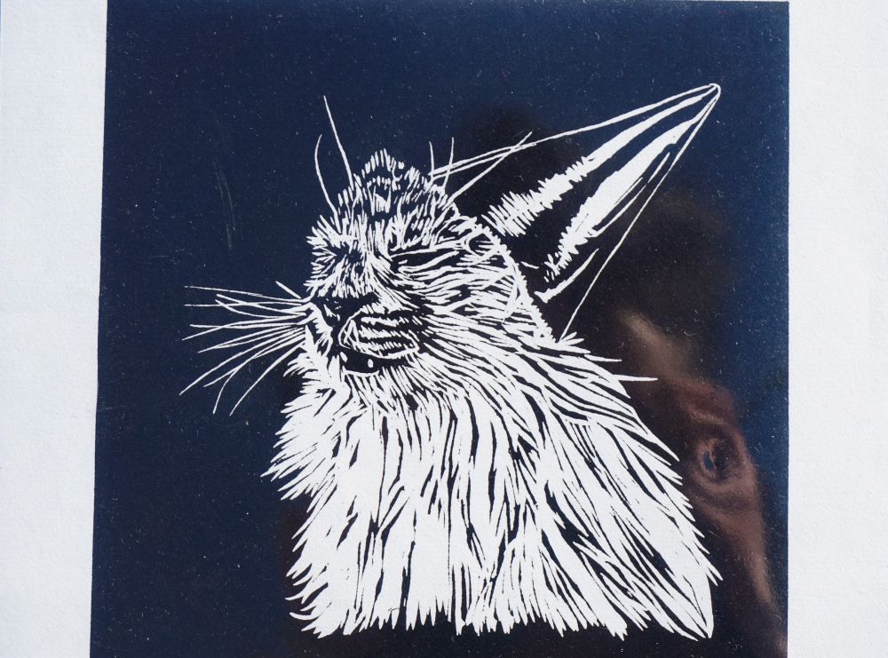 Lino print artwork of a cat wearing a party hat
