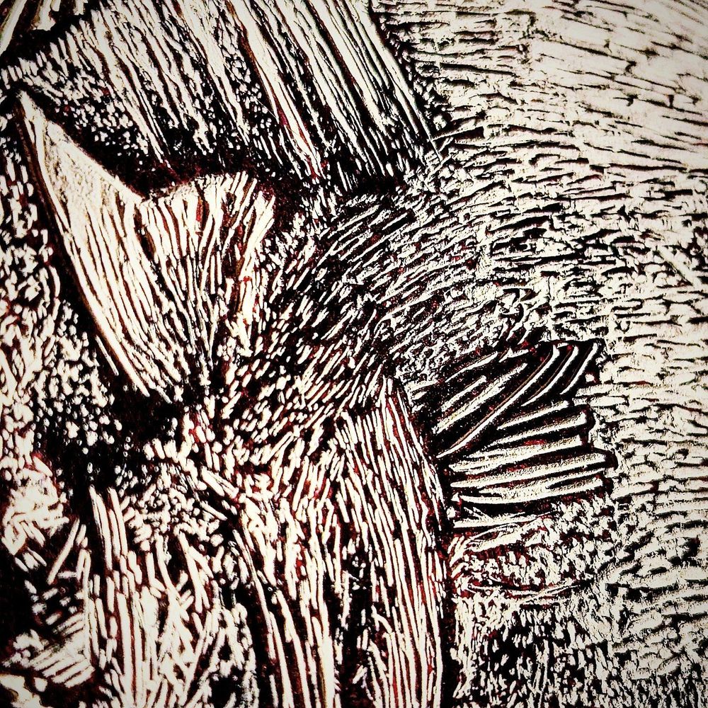 Close up photo of lino cut fishy showing small details