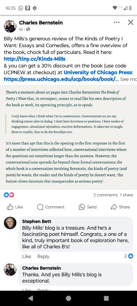 Screenshot of Charles Bernstein praising my blog on FB.