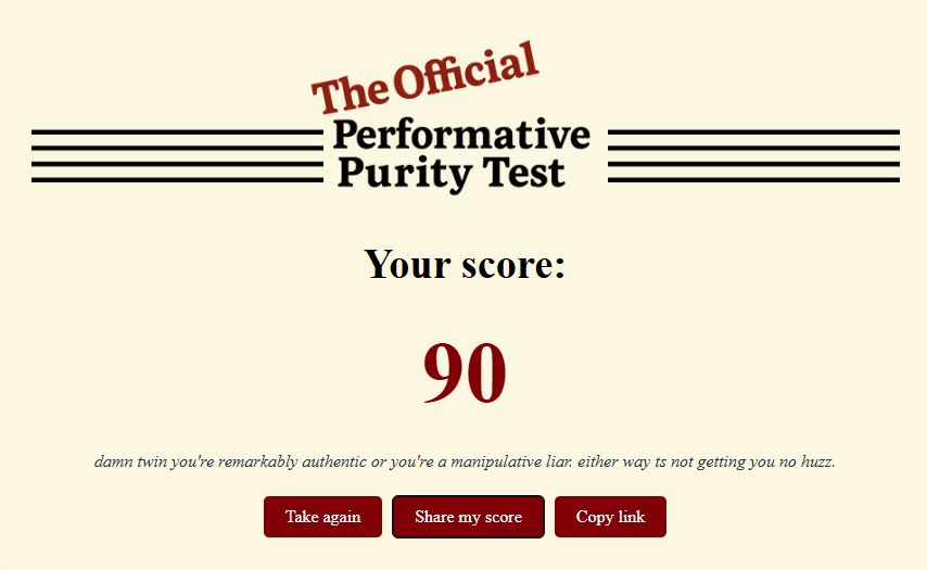 Performative Purity Test score 90