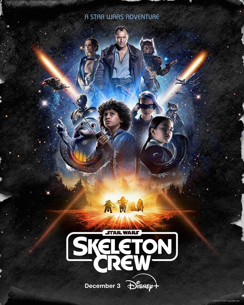 Cartel de la serie de Star Wars “Skeleton Crew”, de la plataforma Disney+, en el que se ven a los protagonistas de la series junto a otros personajes, como en los carteles de películas de los años 80.