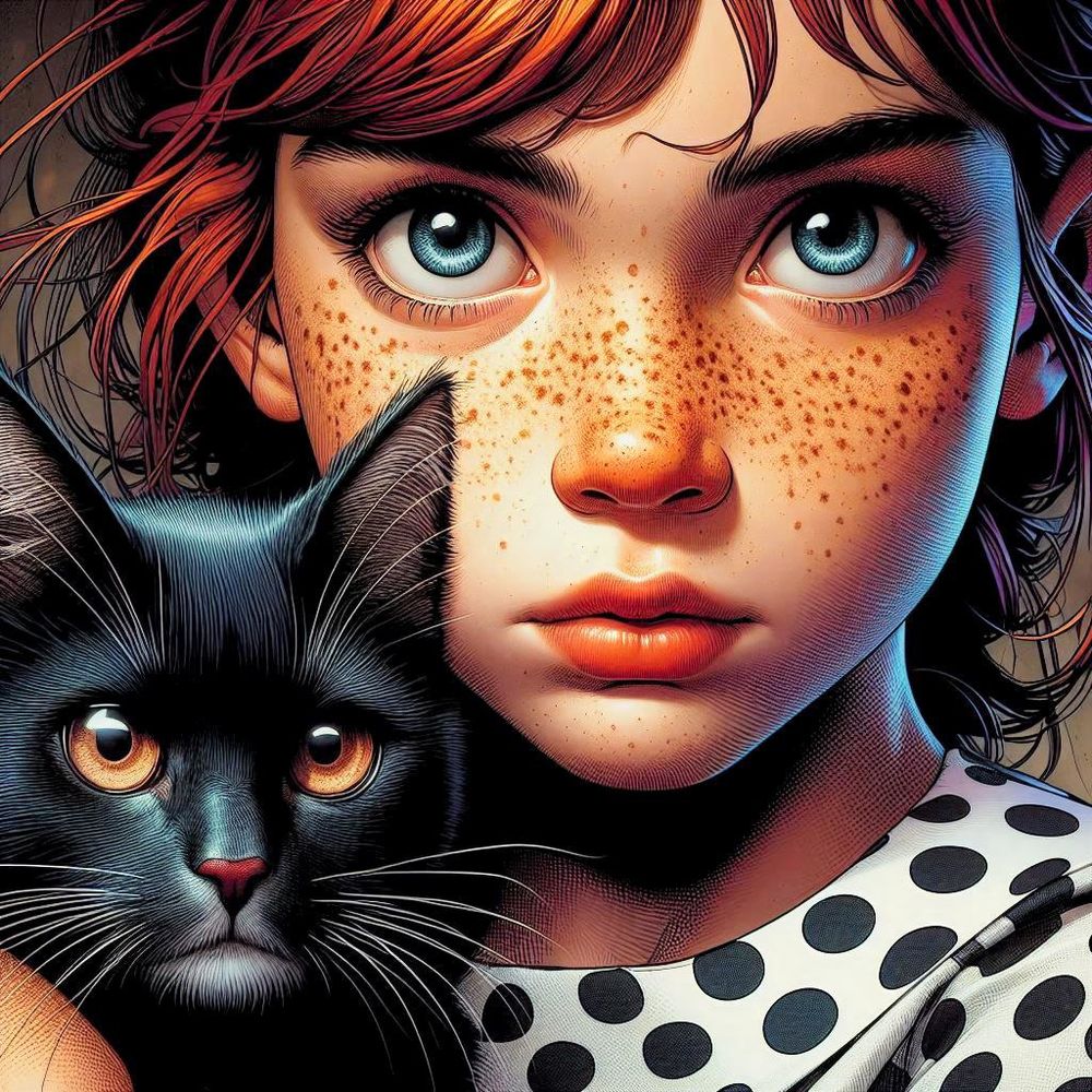 Portrait of a blue eyed little girl and her black cat.