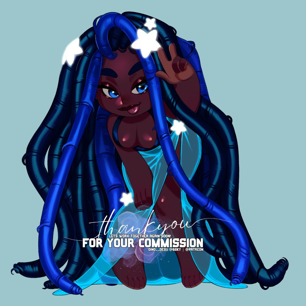 a chibi of a beautiful dark skinned women with blue eyes and duo-colored blue locs that touch the ground, shes bent over with one hand on her knee and the other hand throwing a peace sign while she sticks her tongue out cheekily. shes wearing a blue swimsuit, and has a bright cyan swim cover around her waist - she has glowing white stars adorning her body and hair