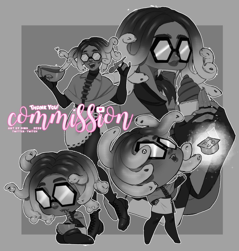 a sketchpage featuring sesurescue, with a chibi sitting and eating soup with their snakes, another chibi of the snakes and sesu praising a glowing and floating tofu container, a bust of sesu's mouth unhinged and eating a cupcake, and finally a fullbody of sesu holding another bowl of soup, one of their snakes is sipping from the bowl