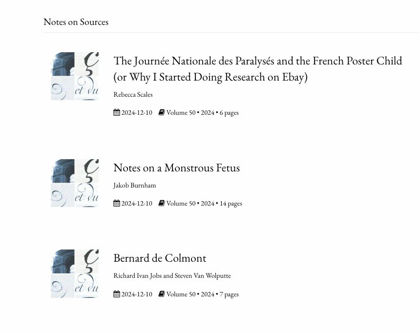 Notes on Sources segment of the JWSFH vol. 50 table of contents with three essay entries listed and small icons of the journal logo to the left of each title.