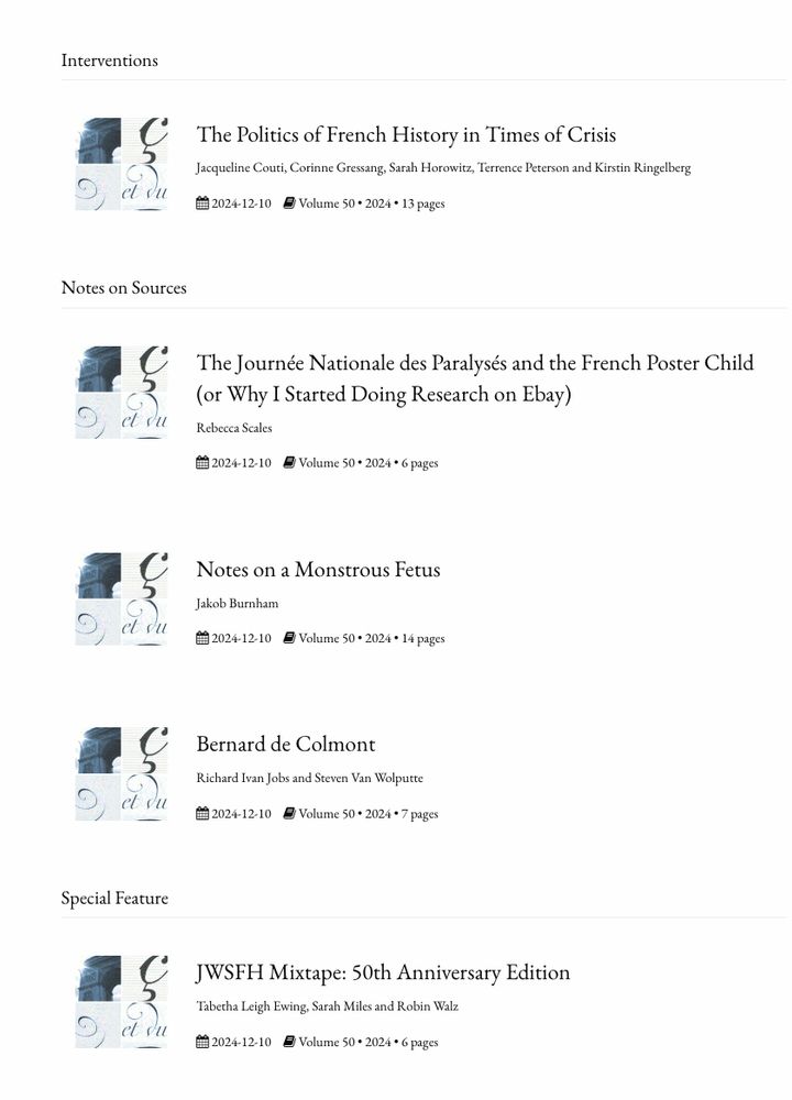 Second half of the table of contents for the Journal of the Western Society of History, vol. 50 (2024)-text with small image icons to the left listing four articles/essay