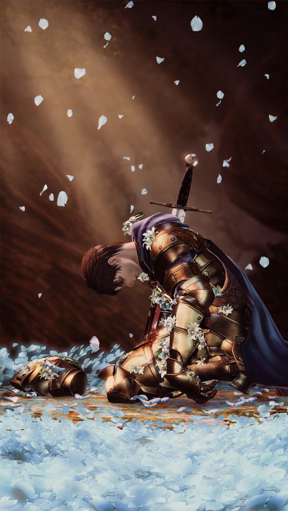 FFXIV OC Renvashtal knelt, lifeless, in full plate armour with a bloodied sword pierced through his back. Surrounding him are blue flowers, falling blue petals, and his fallen helm.