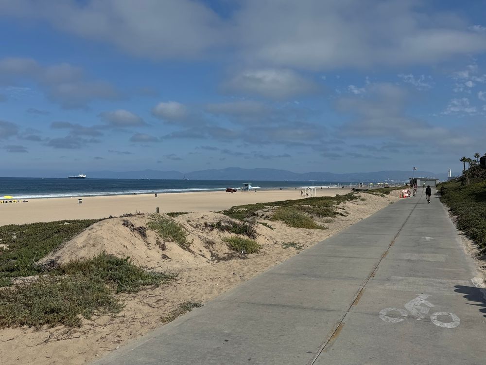 A stereotypical Los Angeles beach scene. Above, blue sky with scattered clouds; to the left, dunes with native vegetation leading down to a broad sand beach; to the right, a bike path leading along the beach, with a few cyclists.
On the beach, there are some people, volleyball nets, and one of the iconic light blue lifeguard towers with a lifeguard truck parked next to it.