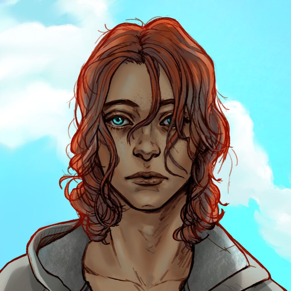 Eobard Thawne in civvies, younger than what he looks like in the comics (he appears in his early twenties here), with long mussed red hair and bright azure eyes. His expression appears blank but he's actually looking at Barry (not in the picture) with befuddled adoration. Behind him the sky is a limpid blue.