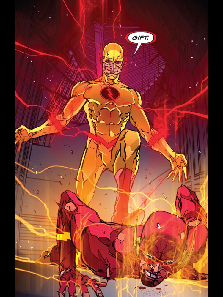 Page from "Running Scared" by Joshua Williamson & Carmine Di Giandomenico

Eobard Thawne in his full Reverse Flash suit stands over Barry Allen, also in full Flash suit, keeping him lying face down on the floor with a foot pressed against his back. Barry appears distressed and enraged, blood trickling from nose and mouth, suit ripped in some parts. Eobard is conversely unscathed, his arms are open and he's smiling. Red and gold lightning snaps wildly around them.