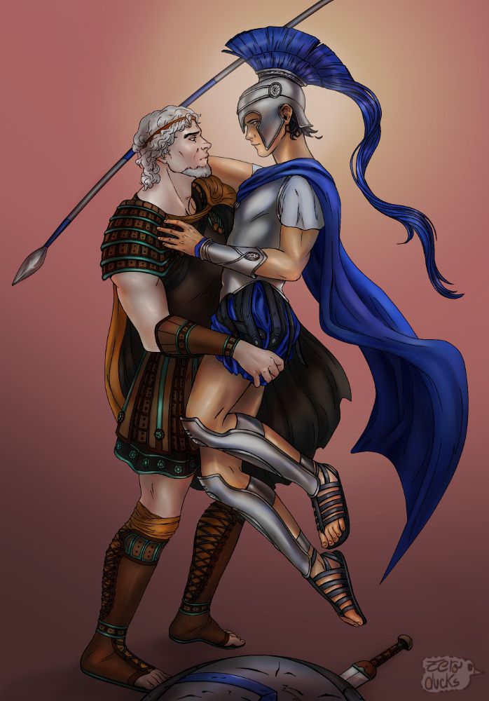 An art of Slade holding Dick in his arms by the back of his thighs. Slade wears an armor inspired by that of Athenian hoplites but with orange and light blue accents, and Dick's attire is reminiscent of a Spartan warrior but with deep blue cloak and details. Dick is holding a spear in his right and holds onto Slade's chest as they longingly stare at each other. A short sword and a round shield are discarded at their feet.