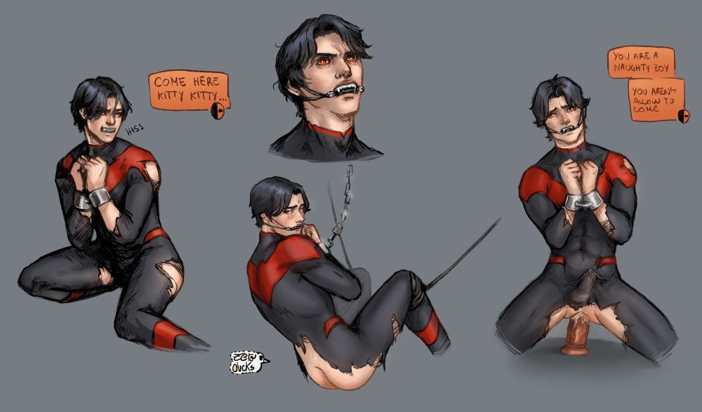 Four artworks depicting Vampire Dick Grayson with his wrists bound by heavy metal cuffs. In all artworks except the far left one he's also wearing a metal bite, which keeps his sharp fangs on evidence. 
Dick's suit is black and red, and ripped in various spots. In the bottom middle and far right artwork his ass is showing too. 
In the far left artwork he's hissing and pulling away from something. Slade is offscreen, saying "Come here, kitty kitty". In the far right artwork he's saying "You are a naughty boy, you aren't allowed to come" as Dick is fucking himself onto an orange dildo. 
