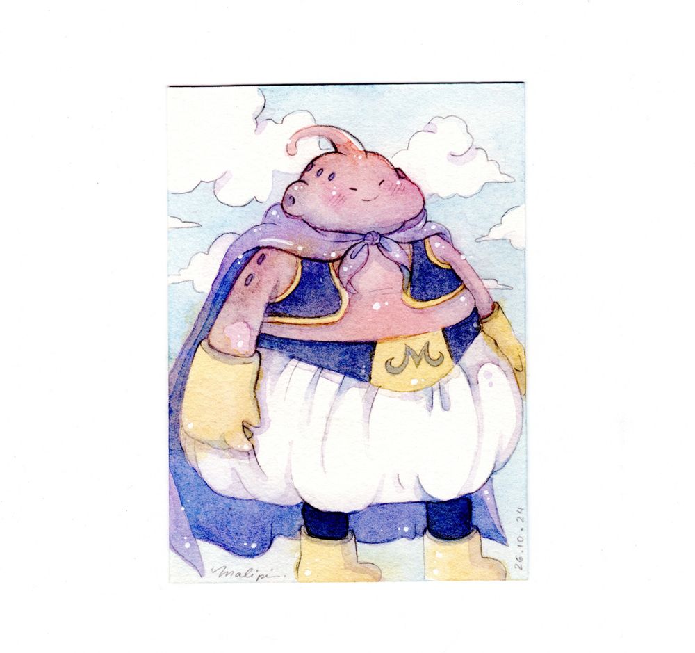 small watercolor featuring Majin Boo from the anime Dragon Ball / mini aquarela do Majin Boo do anime Dragon Ball