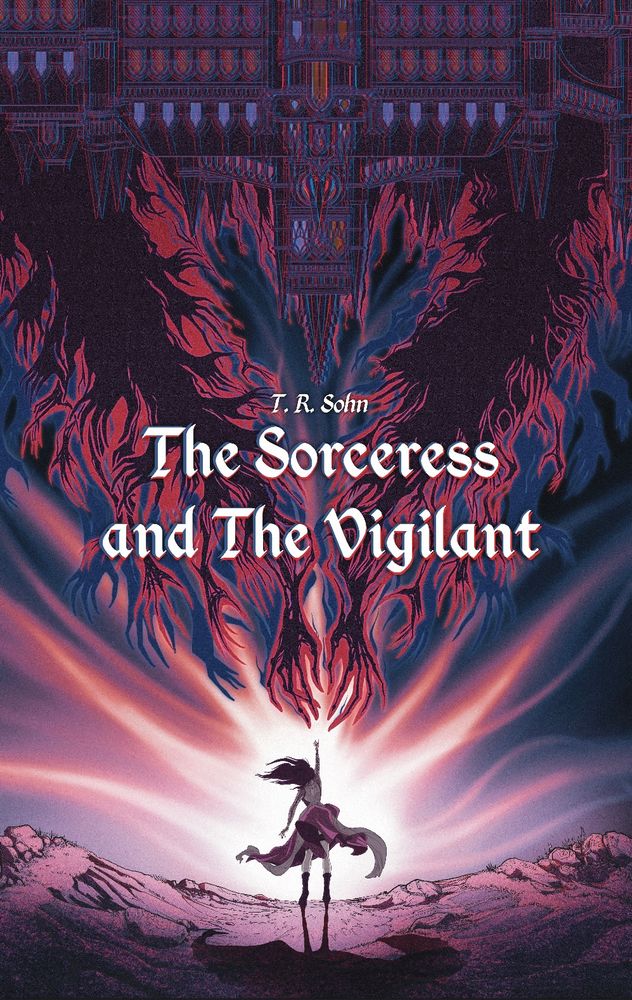 The front cover of The Sorceress and the Vigilant, a fantasy book. The cover includes a woman in billowing skirts reaching up towards an ominous castle, which is reaching back to her with ghostly hands.