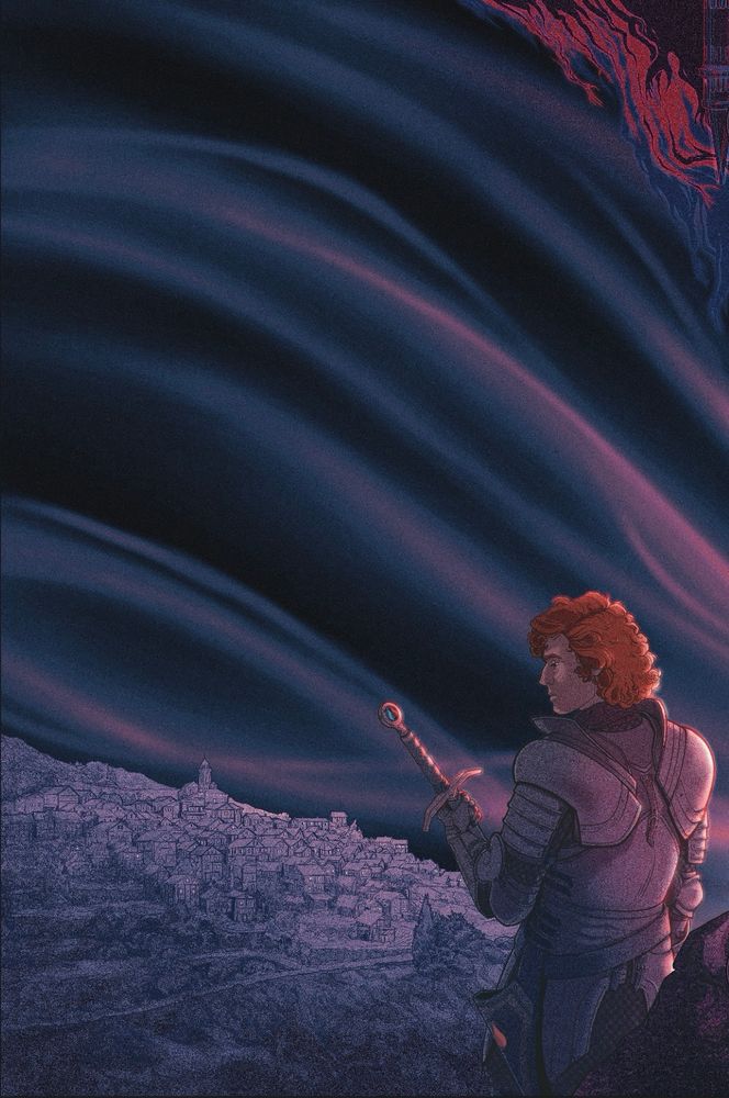 The back cover (sans text) of The Sorceress and the Vigilant, a fantasy book. There is a red headed man in the lower right, looking down at his sword; a dark medieval town far in the background.