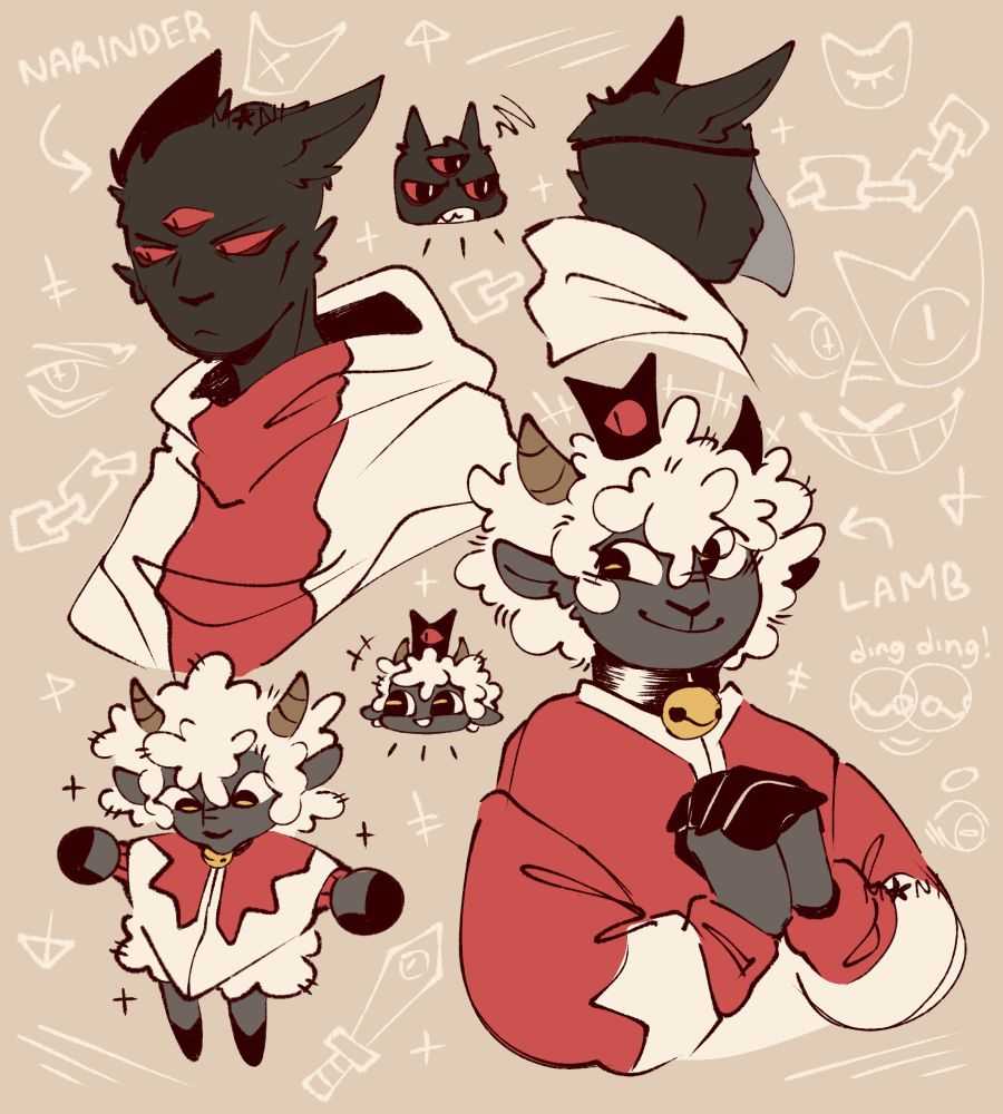 cult of the lamb digital fanart depicting the lamb, narinder, and a variety of doodles surrounding them.