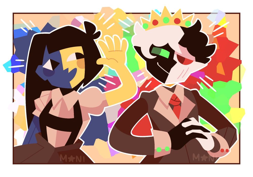 A bright and vivid waist-up, lineless, fully colored portrait of ENA and a similarly depicted in aesthetic c!Ranboo. The background is filled with geometric shapes of varying colors framing the two characters with their individual color associations.